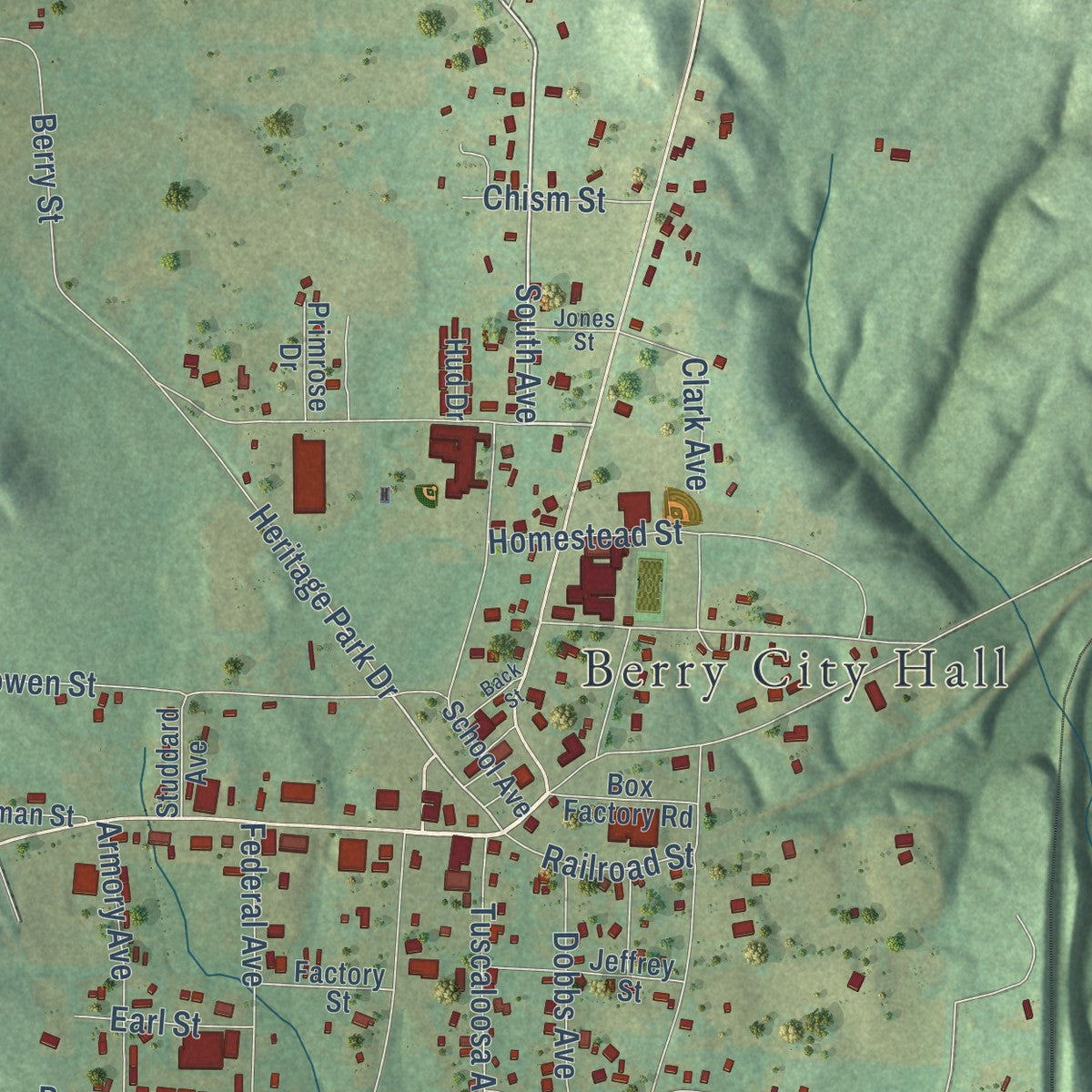 Close-up of the map of Berry, Alabama print showing street and building detail