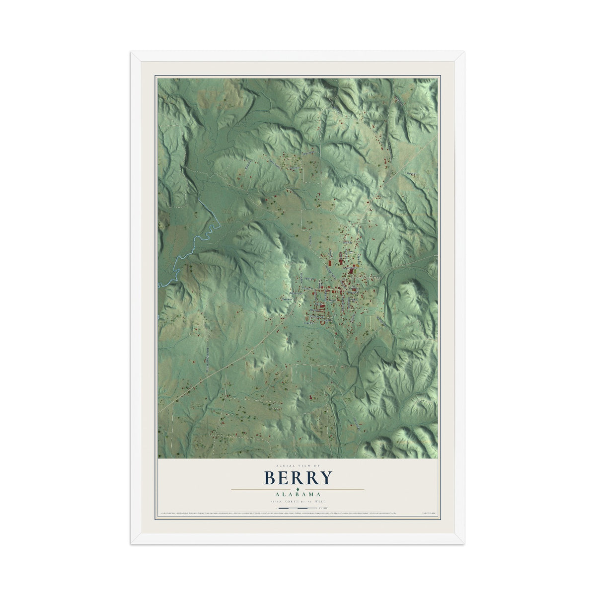 Map of Berry, Alabama, 12 x 18 inch print in a white wood frame