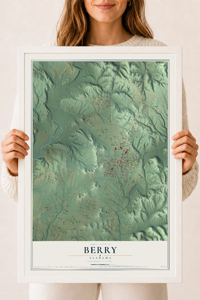 Map of Berry, Alabama, 18 x 24 inch print in a white wood frame