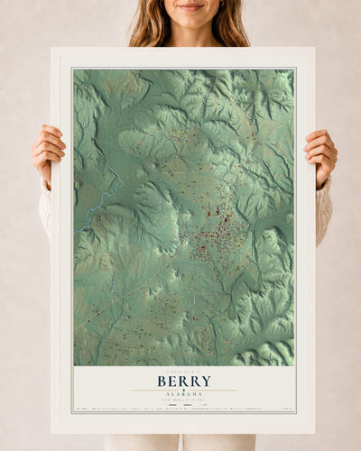 Map of Berry, Alabama, 24 x 36 inch print in a white wood frame
