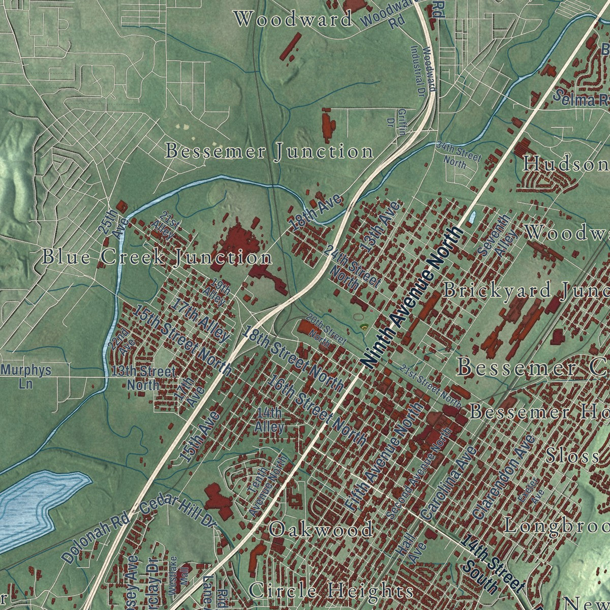 Close-up of the map of Bessemer, Alabama print showing street and building detail