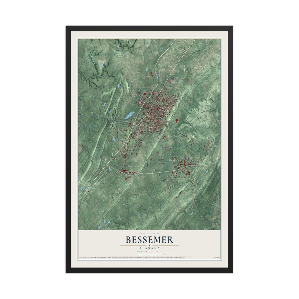 Map of Bessemer, Alabama, 12 x 18 inch print in a black wood frame