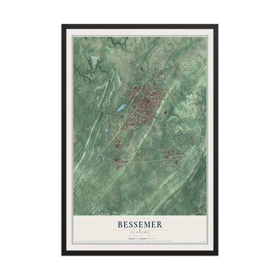 Map of Bessemer, Alabama, 12 x 18 inch print in a black wood frame