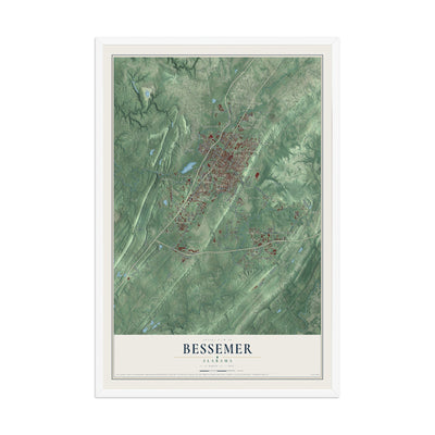 Map of Bessemer, Alabama, 12 x 18 inch print in a white wood frame