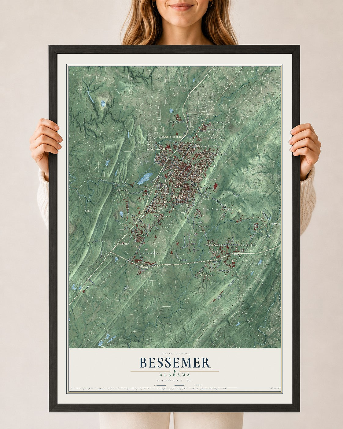 Map of Bessemer, Alabama, 24 x 36 inch print in a black wood frame