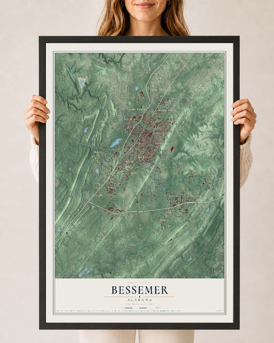 Map of Bessemer, Alabama, 24 x 36 inch print in a black wood frame
