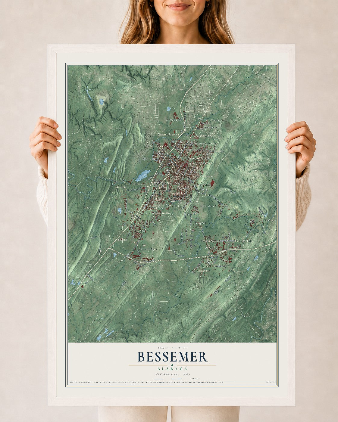 Map of Bessemer, Alabama, 24 x 36 inch print in a white wood frame