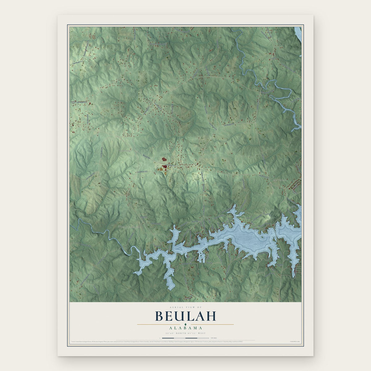 Beulah, Alabama map print, the full design
