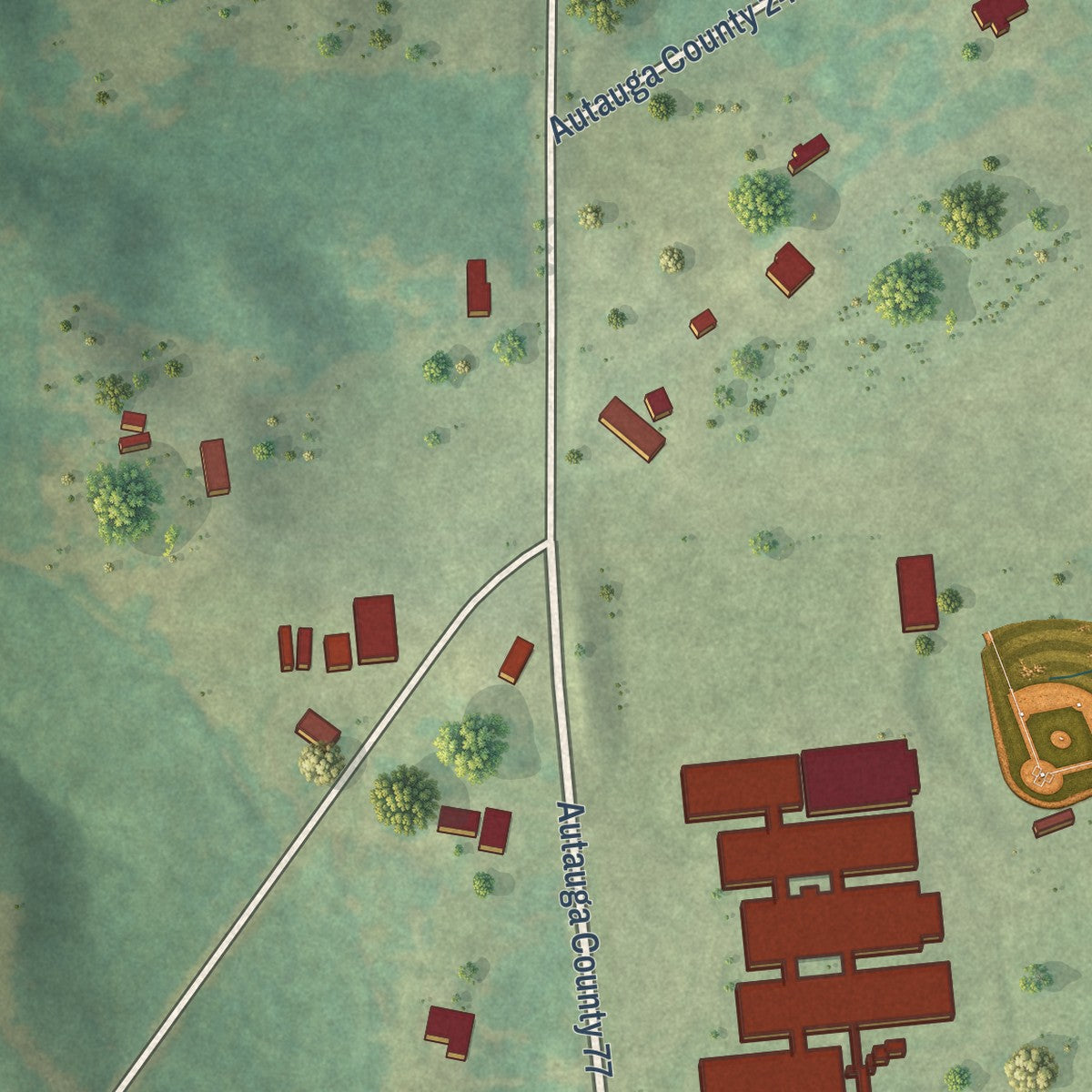 Close-up of the map of Billingsley, Alabama print showing street and building detail
