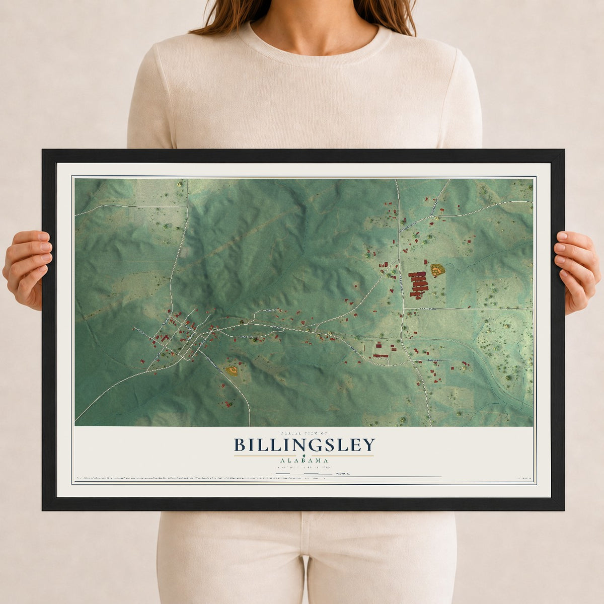 Map of Billingsley, Alabama, 12 x 18 inch print in a black wood frame