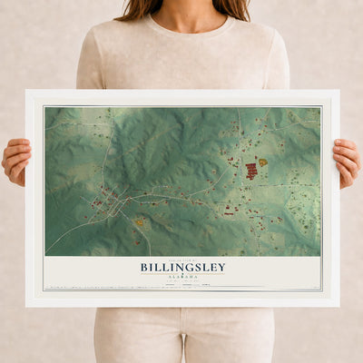 Map of Billingsley, Alabama, 12 x 18 inch print in a white wood frame