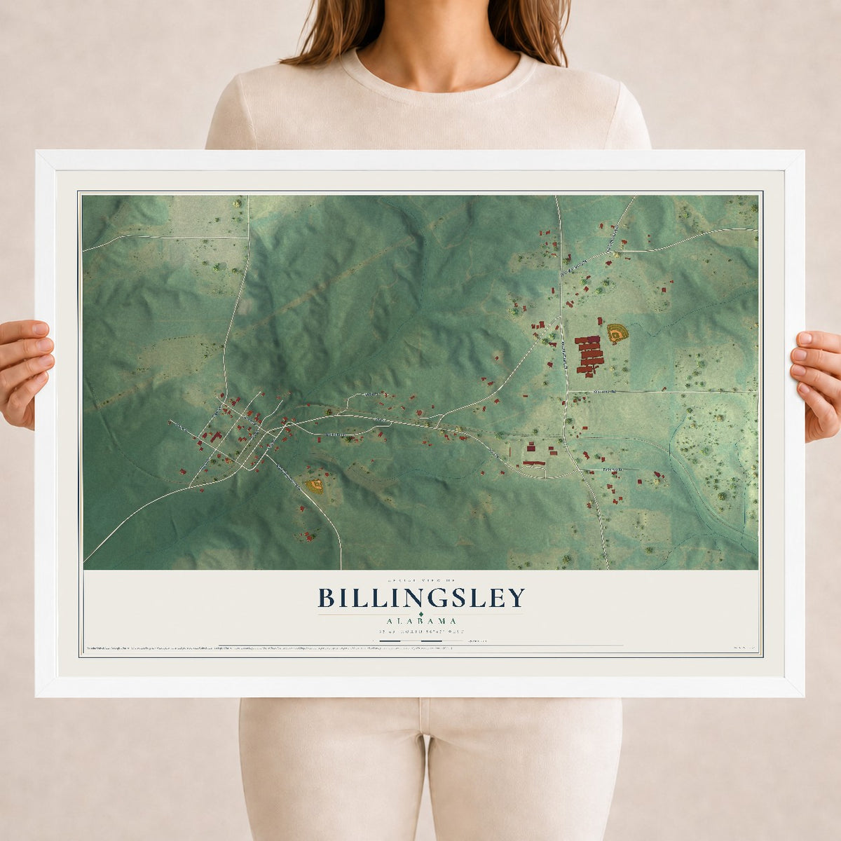 Map of Billingsley, Alabama, 18 x 24 inch print in a white wood frame