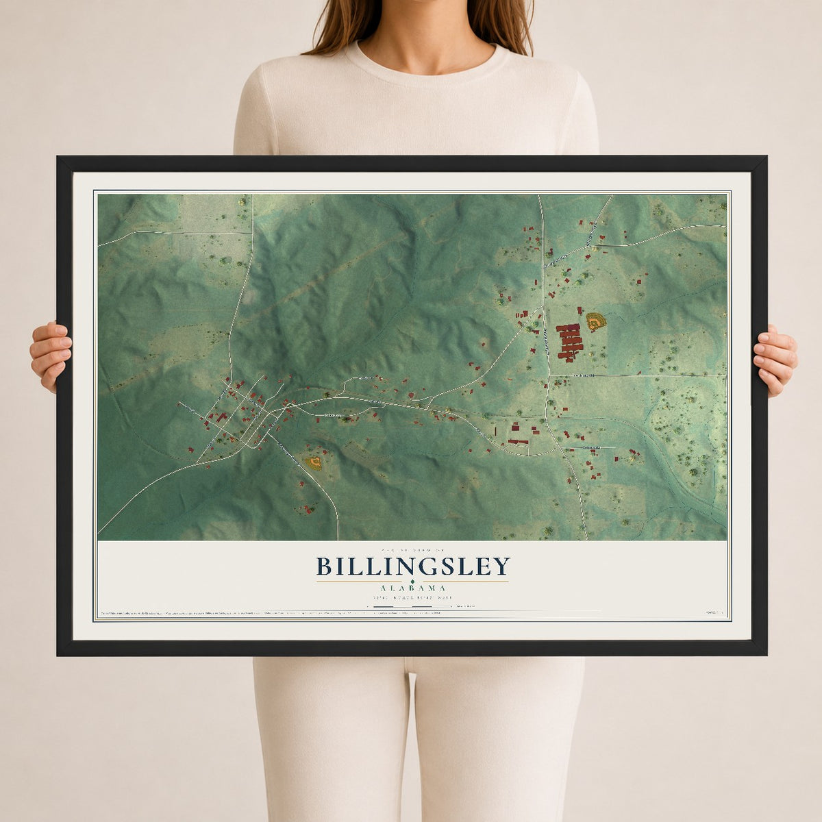 Map of Billingsley, Alabama, 24 x 36 inch print in a black wood frame