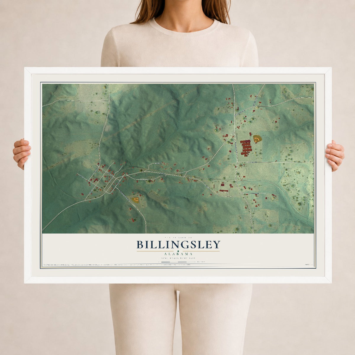 Map of Billingsley, Alabama, 24 x 36 inch print in a white wood frame