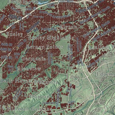 Close-up of the map of Birmingham, Alabama print showing street and building detail