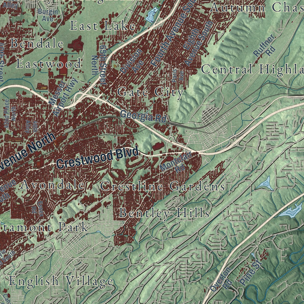 Second close-up of the map of Birmingham, Alabama print showing more streets and buildings