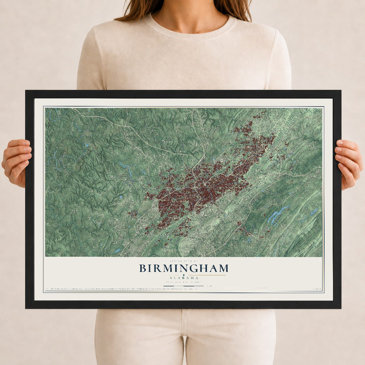 Map of Birmingham, Alabama, 12 x 18 inch print in a black wood frame