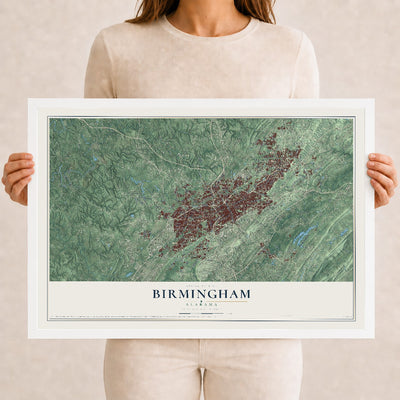 Map of Birmingham, Alabama, 12 x 18 inch print in a white wood frame