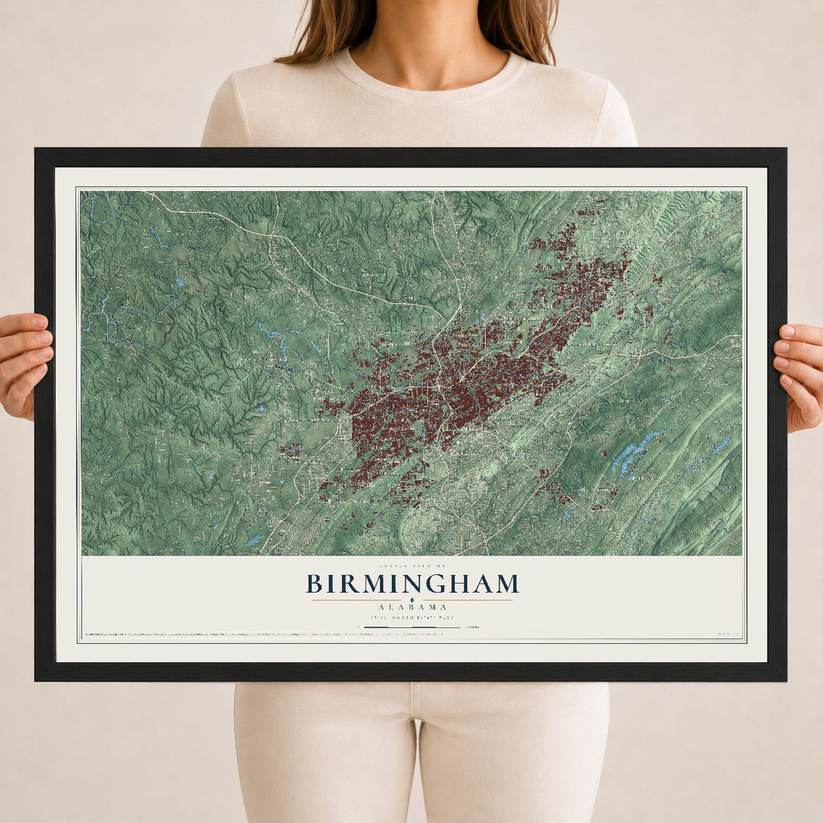 Map of Birmingham, Alabama, 18 x 24 inch print in a black wood frame