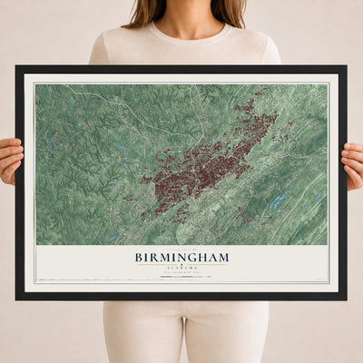 Map of Birmingham, Alabama, 18 x 24 inch print in a black wood frame