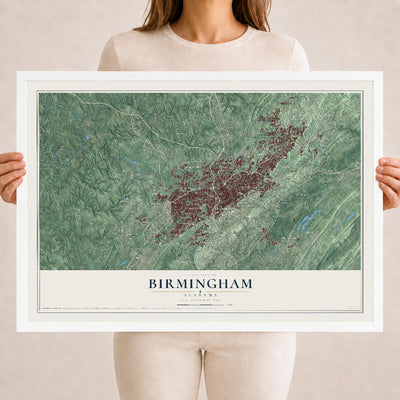 Map of Birmingham, Alabama, 18 x 24 inch print in a white wood frame