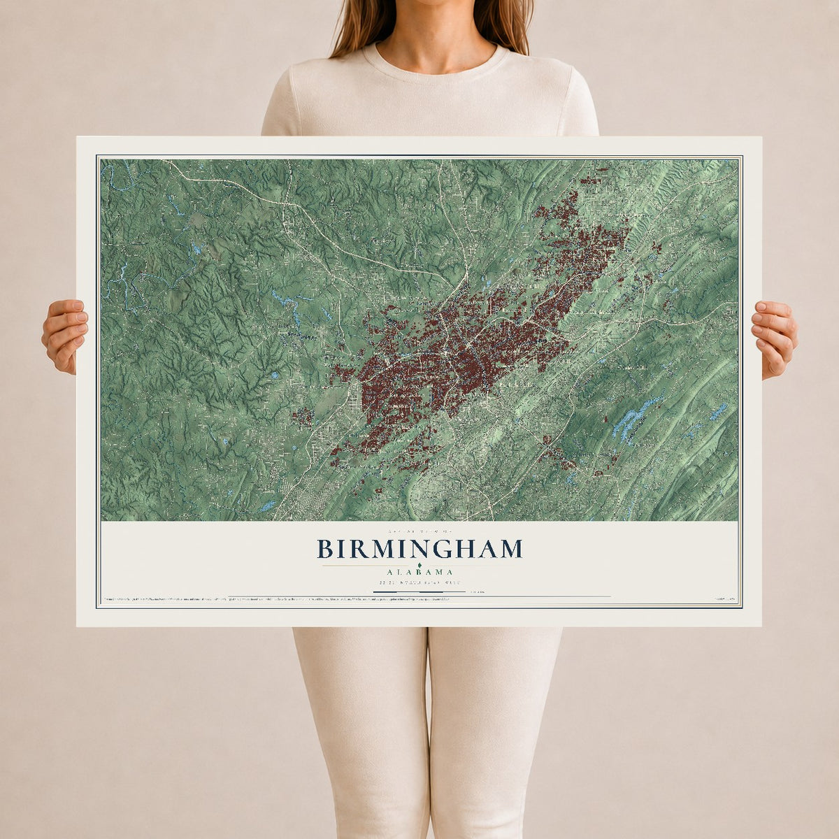 Map of Birmingham, Alabama, 24 x 36 inch unframed archival matte print