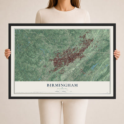 Map of Birmingham, Alabama, 24 x 36 inch print in a black wood frame