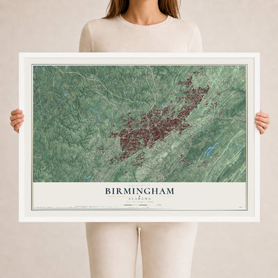 Map of Birmingham, Alabama, 24 x 36 inch print in a white wood frame
