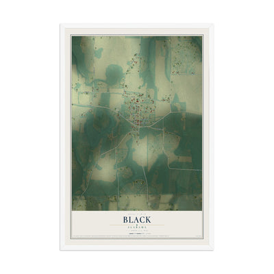Map of Black, Alabama, 12 x 18 inch print in a white wood frame
