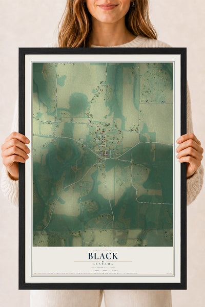 Map of Black, Alabama, 18 x 24 inch print in a black wood frame