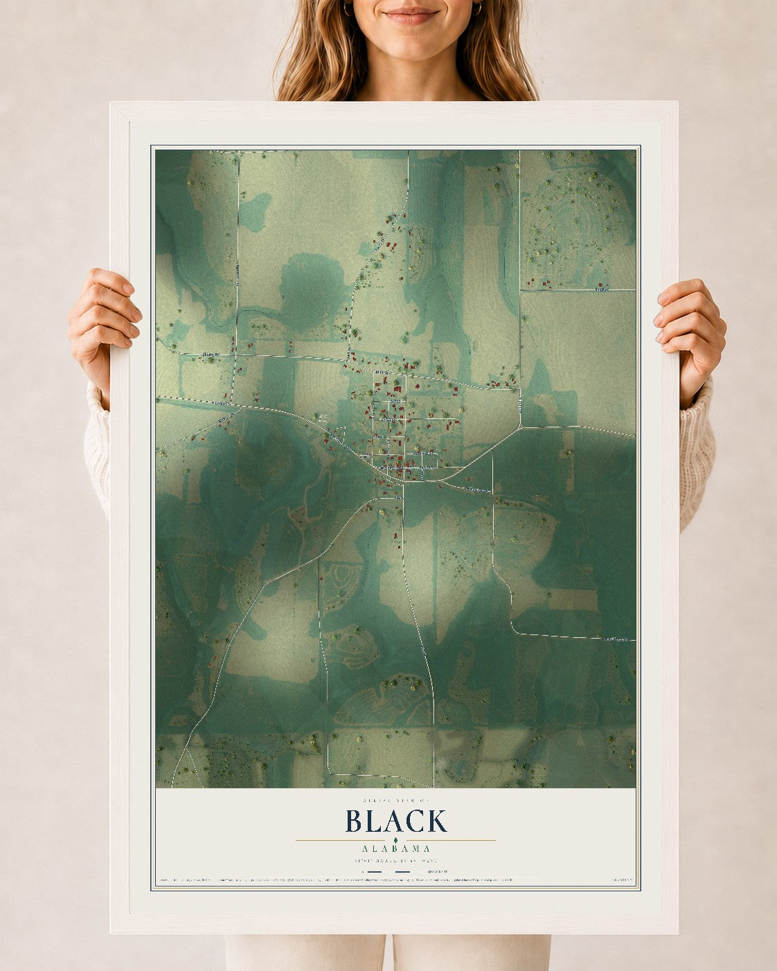 Map of Black, Alabama, 24 x 36 inch print in a white wood frame