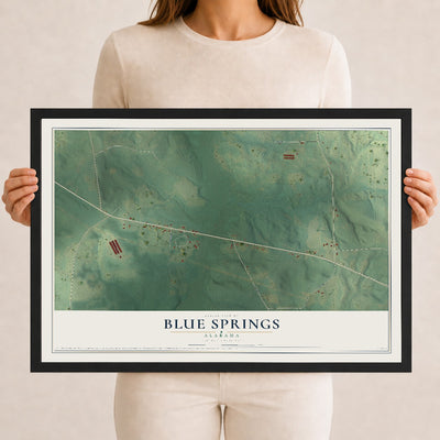 Map of Blue Springs, Alabama, 12 x 18 inch print in a black wood frame