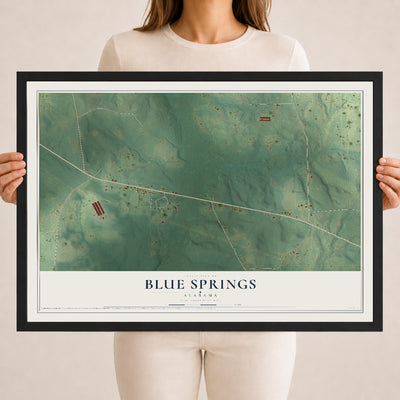 Map of Blue Springs, Alabama, 18 x 24 inch print in a black wood frame