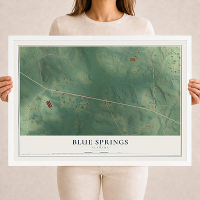Map of Blue Springs, Alabama, 18 x 24 inch print in a white wood frame