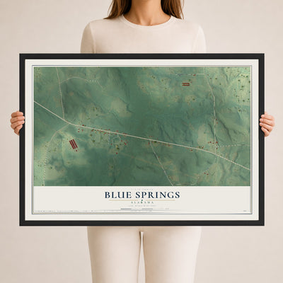 Map of Blue Springs, Alabama, 24 x 36 inch print in a black wood frame