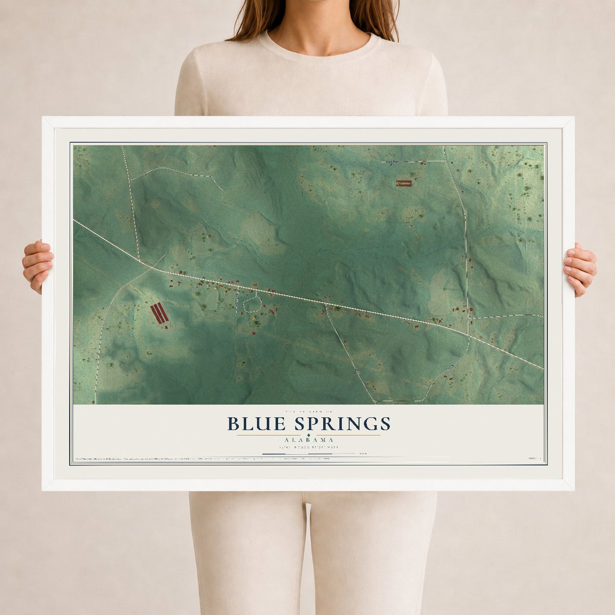 Map of Blue Springs, Alabama, 24 x 36 inch print in a white wood frame