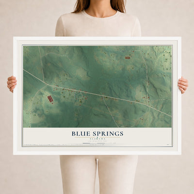 Map of Blue Springs, Alabama, 24 x 36 inch print in a white wood frame