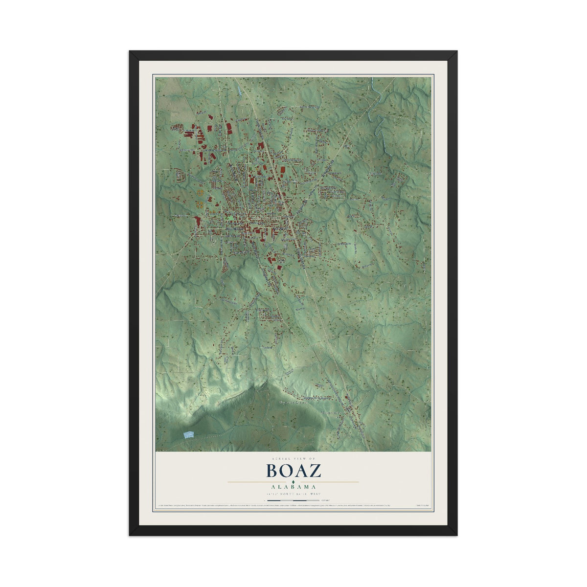 Map of Boaz, Alabama, 12 x 18 inch print in a black wood frame