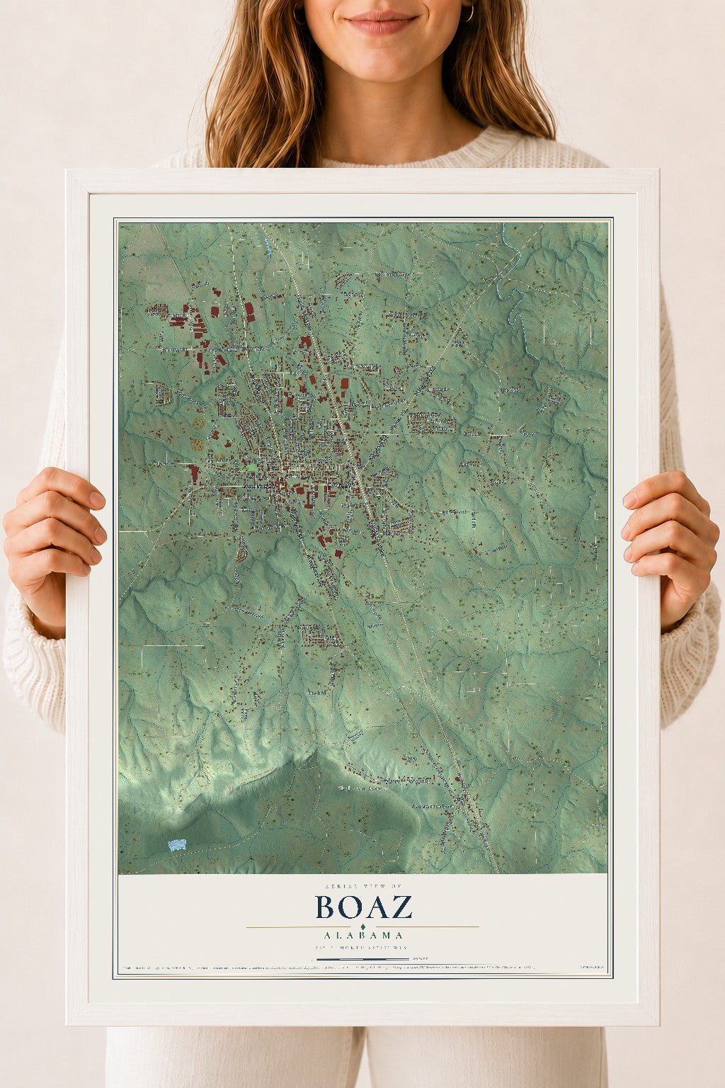 Map of Boaz, Alabama, 18 x 24 inch print in a white wood frame