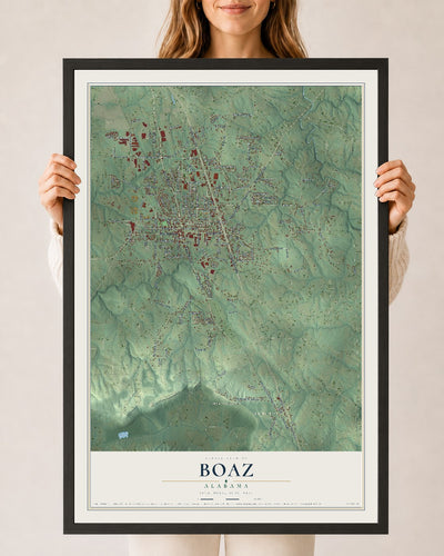 Map of Boaz, Alabama, 24 x 36 inch print in a black wood frame