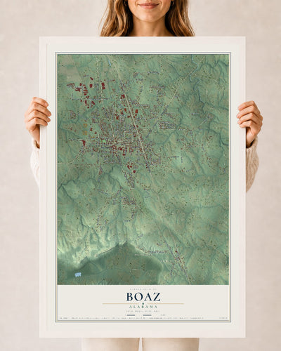Map of Boaz, Alabama, 24 x 36 inch print in a white wood frame