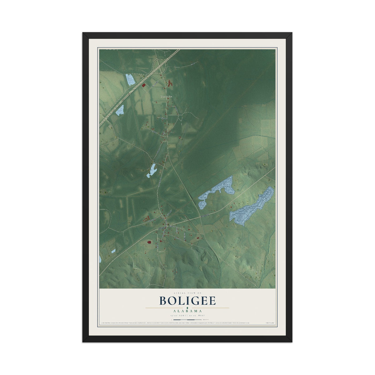 Map of Boligee, Alabama, 12 x 18 inch print in a black wood frame