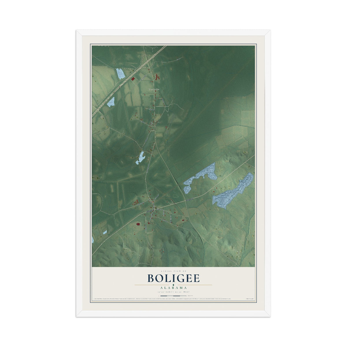 Map of Boligee, Alabama, 12 x 18 inch print in a white wood frame