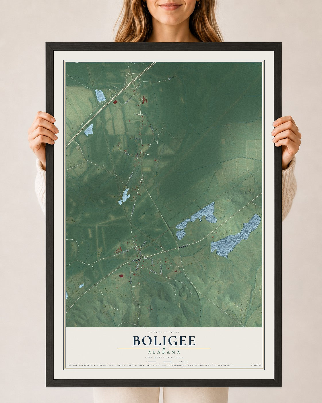 Map of Boligee, Alabama, 24 x 36 inch print in a black wood frame