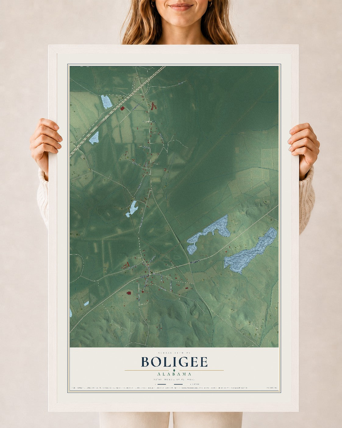 Map of Boligee, Alabama, 24 x 36 inch print in a white wood frame