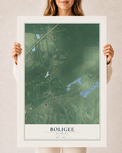 Map of Boligee, Alabama, 24 x 36 inch print in a white wood frame