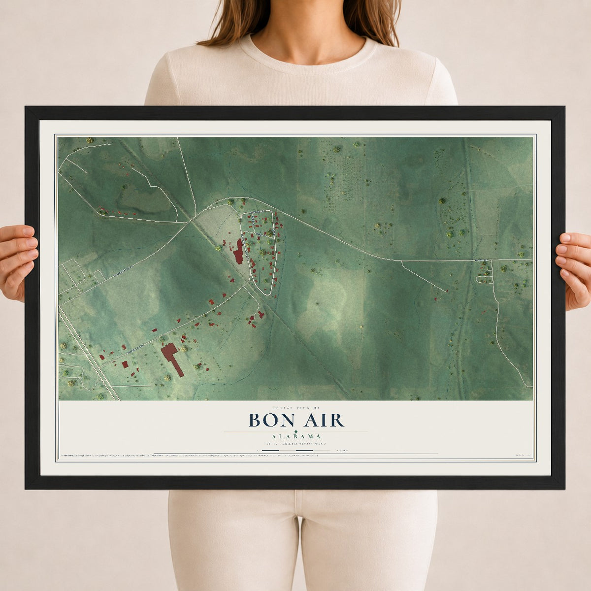 Map of Bon Air, Alabama, 18 x 24 inch print in a black wood frame