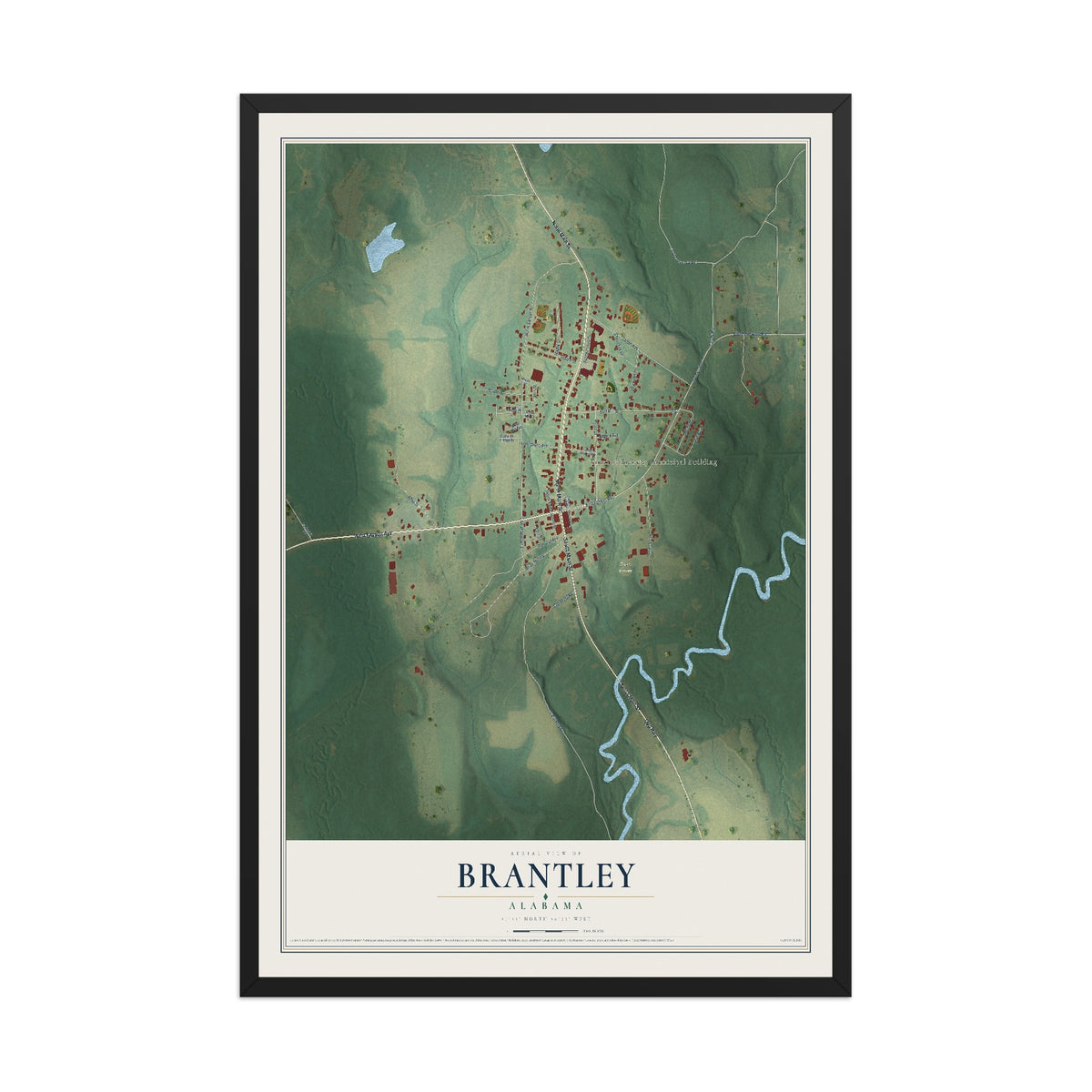 Map of Brantley, Alabama, 12 x 18 inch print in a black wood frame