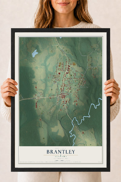 Map of Brantley, Alabama, 18 x 24 inch print in a black wood frame