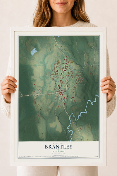 Map of Brantley, Alabama, 18 x 24 inch print in a white wood frame